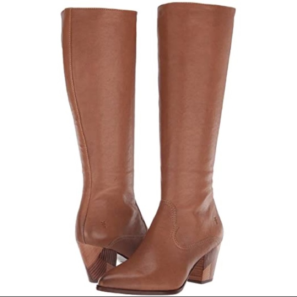 $458 RARE Frye Reed Chevron Heel Cognac Leather Tall Knee High Winter/Fall Boots - Picture 16 of 16